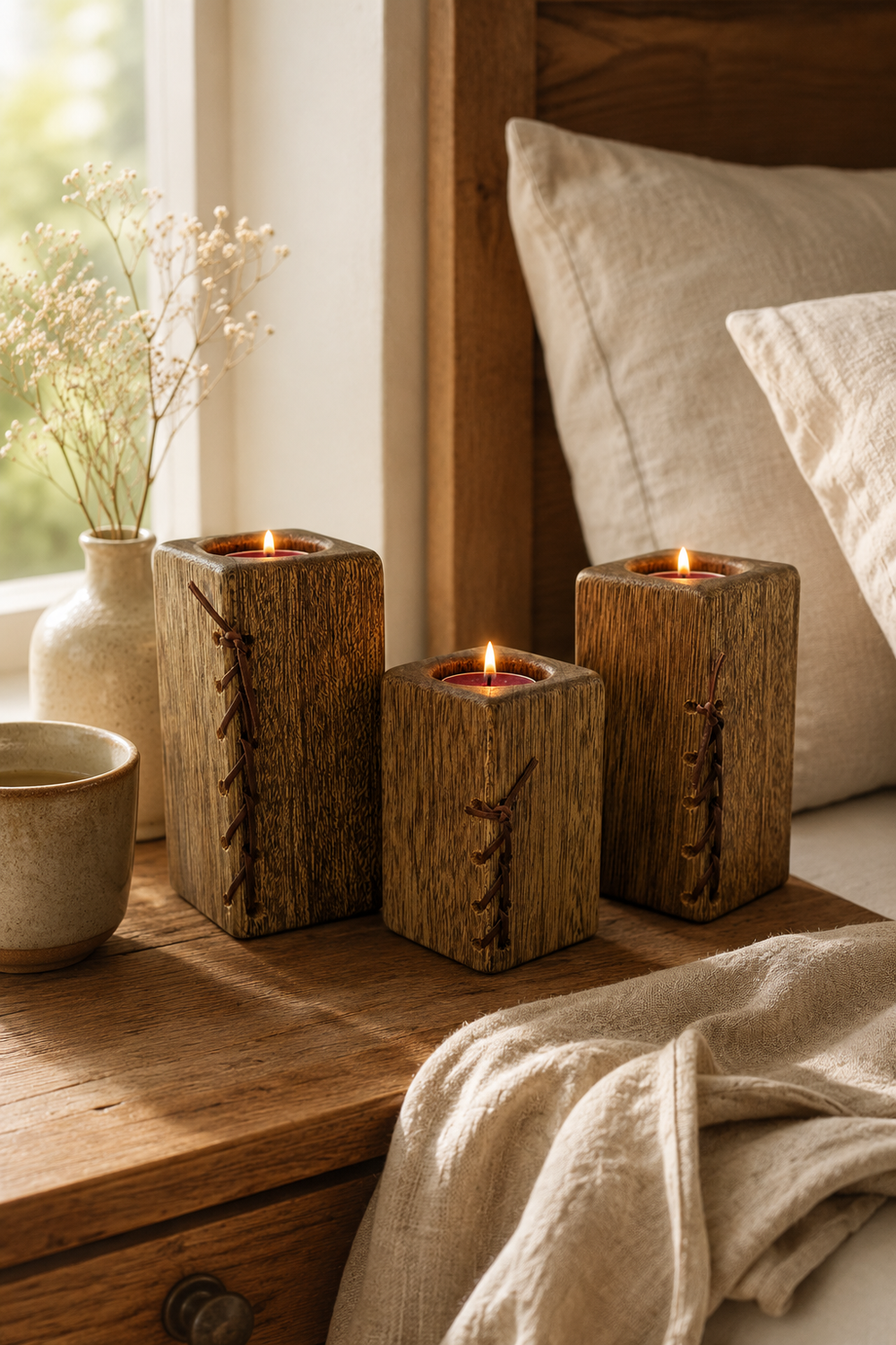 Natural beeswax finished wooden tealight holders with leather lacing