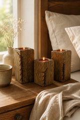 Natural beeswax finished wooden tealight holders with leather lacing