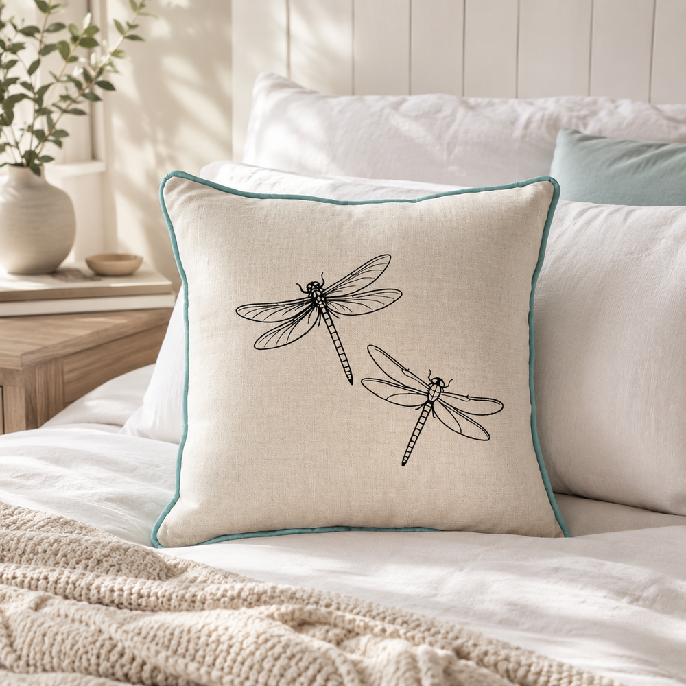 Natural linen cushion cover with black dragonfly print and duck egg piping styled on a bed.