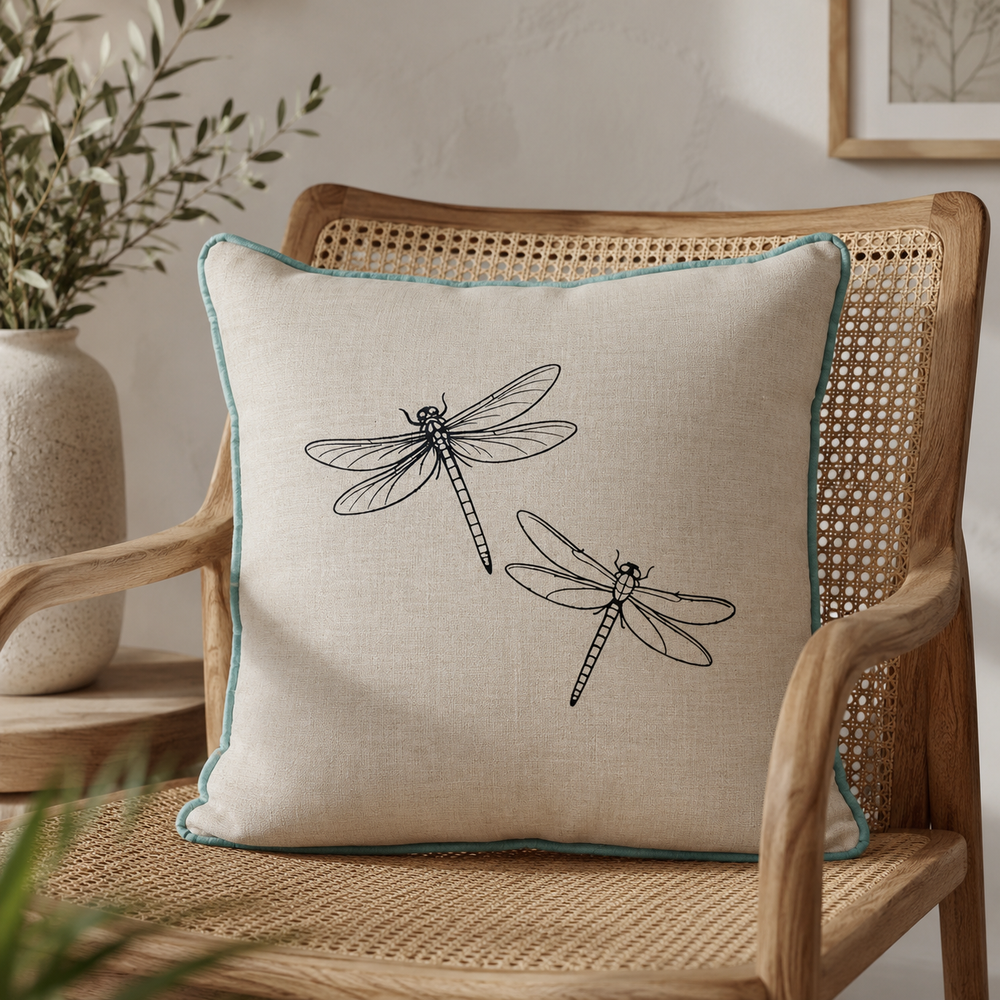 Natural linen cushion cover with black dragonfly print and duck egg piping styled on a wicker chair.
