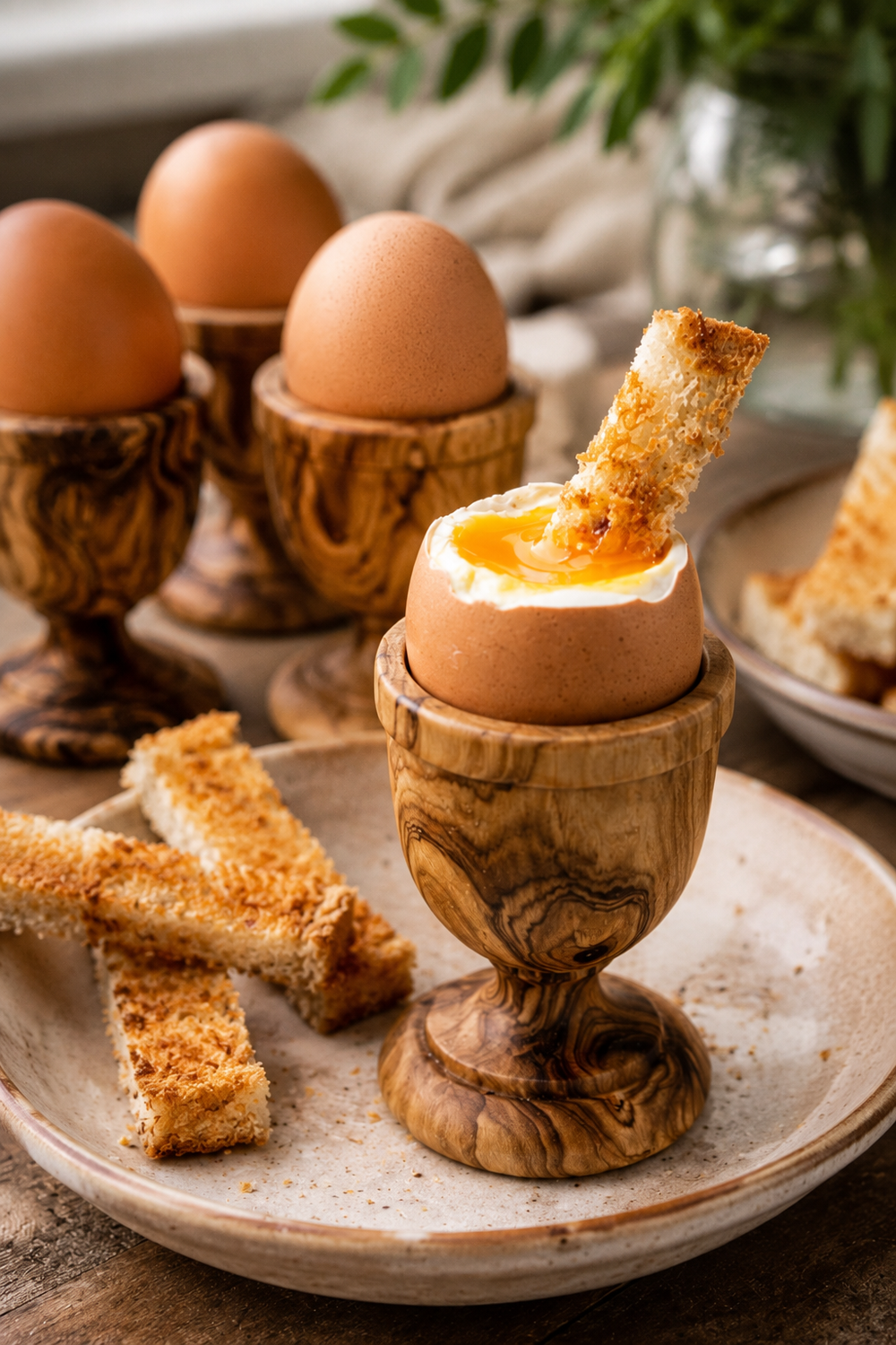 Natural olive wood breakfast egg cups with unique grain