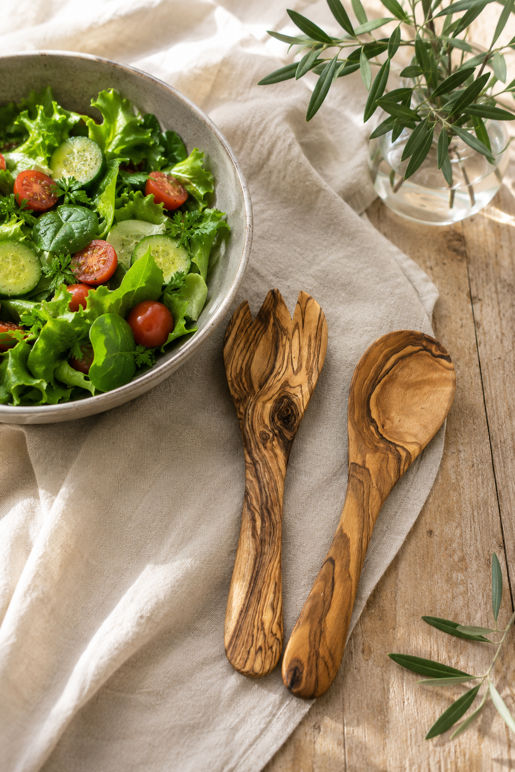 Natural olive wood salad spoon and fork with unique grain