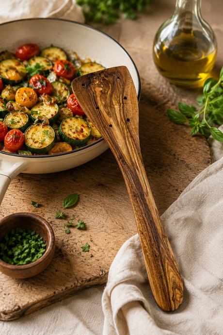 Natural olive wood slotted spatula for frying and turning