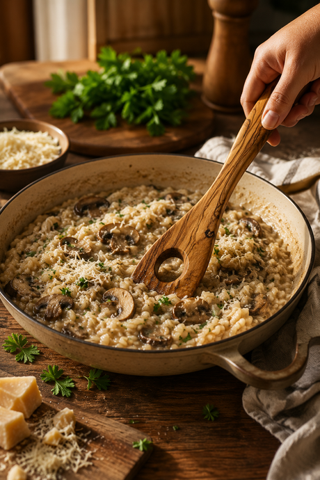 Natural olive wood stirring spoon for risotto
