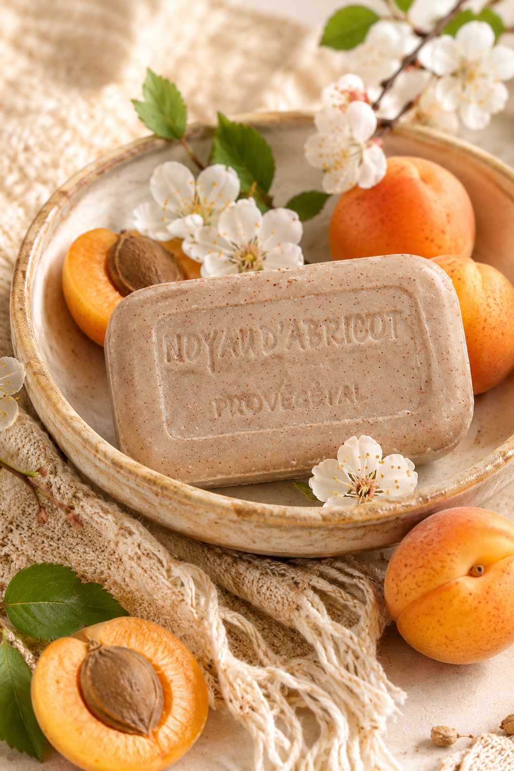 Natural style apricot soap bar paired with olive wood soap dish