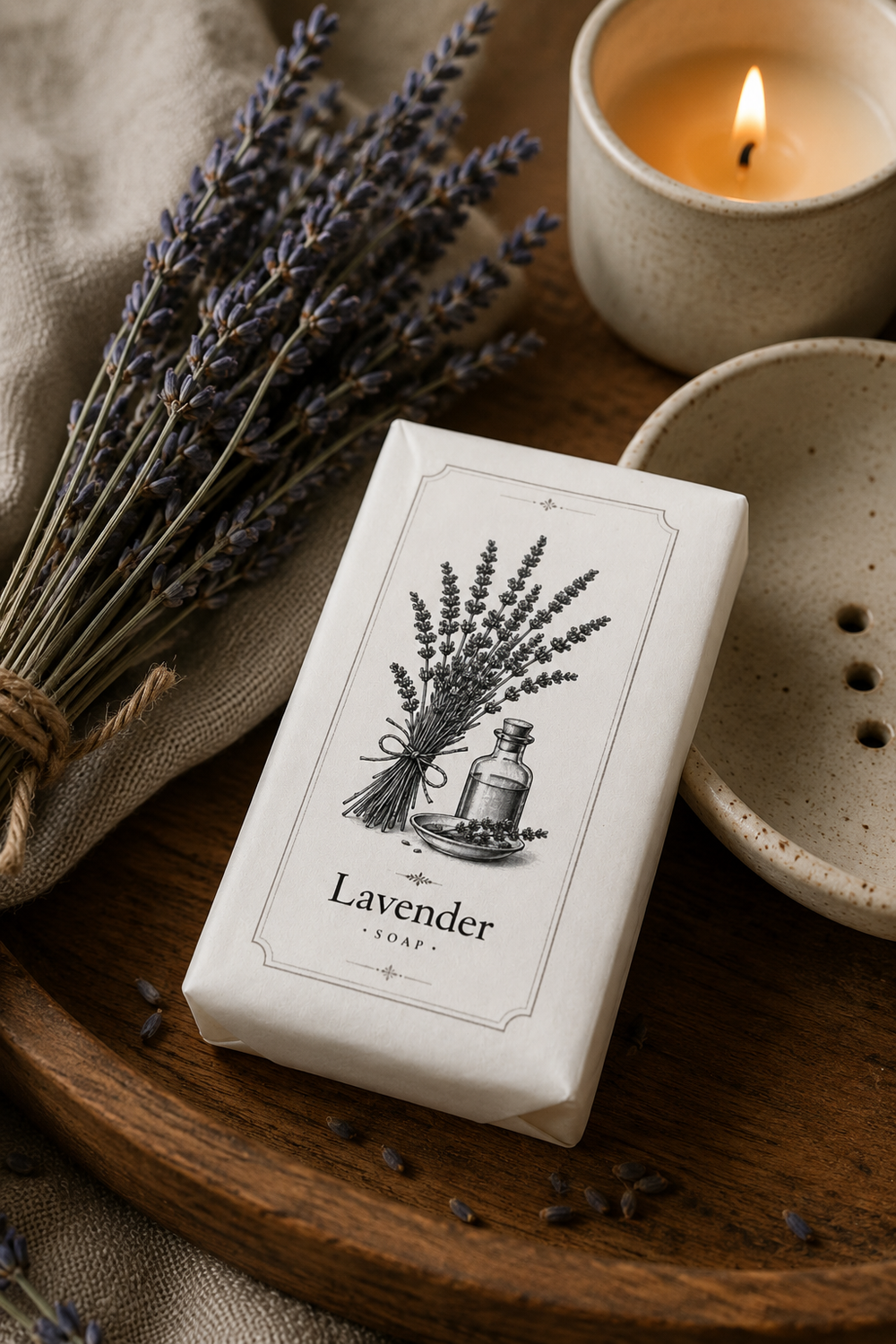 Lavender soap bar with packaging on a wooden surface with lavender and a candle.