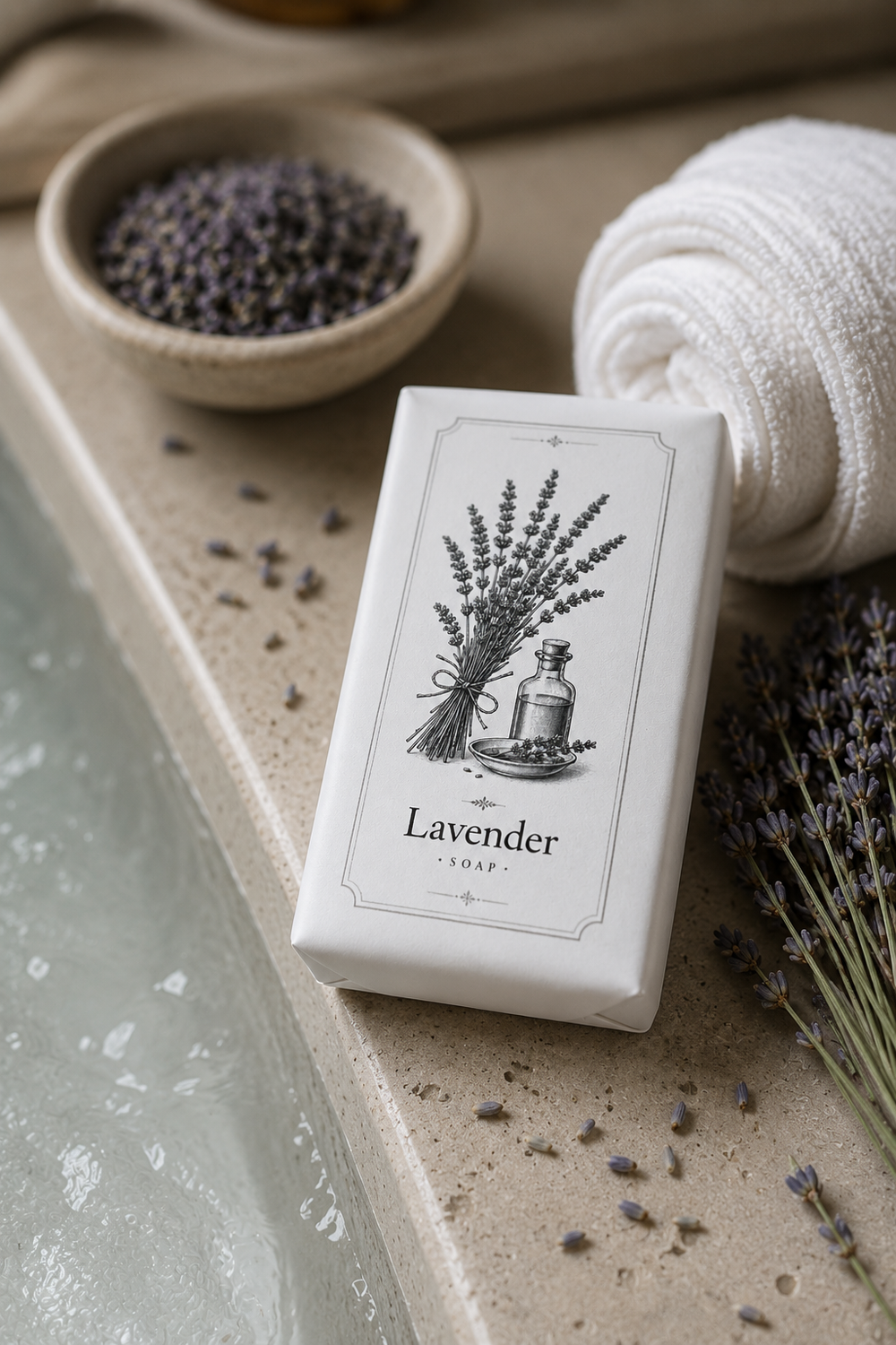 Lavender soap bar with packaging on a stone surface with lavender flowers and seeds.