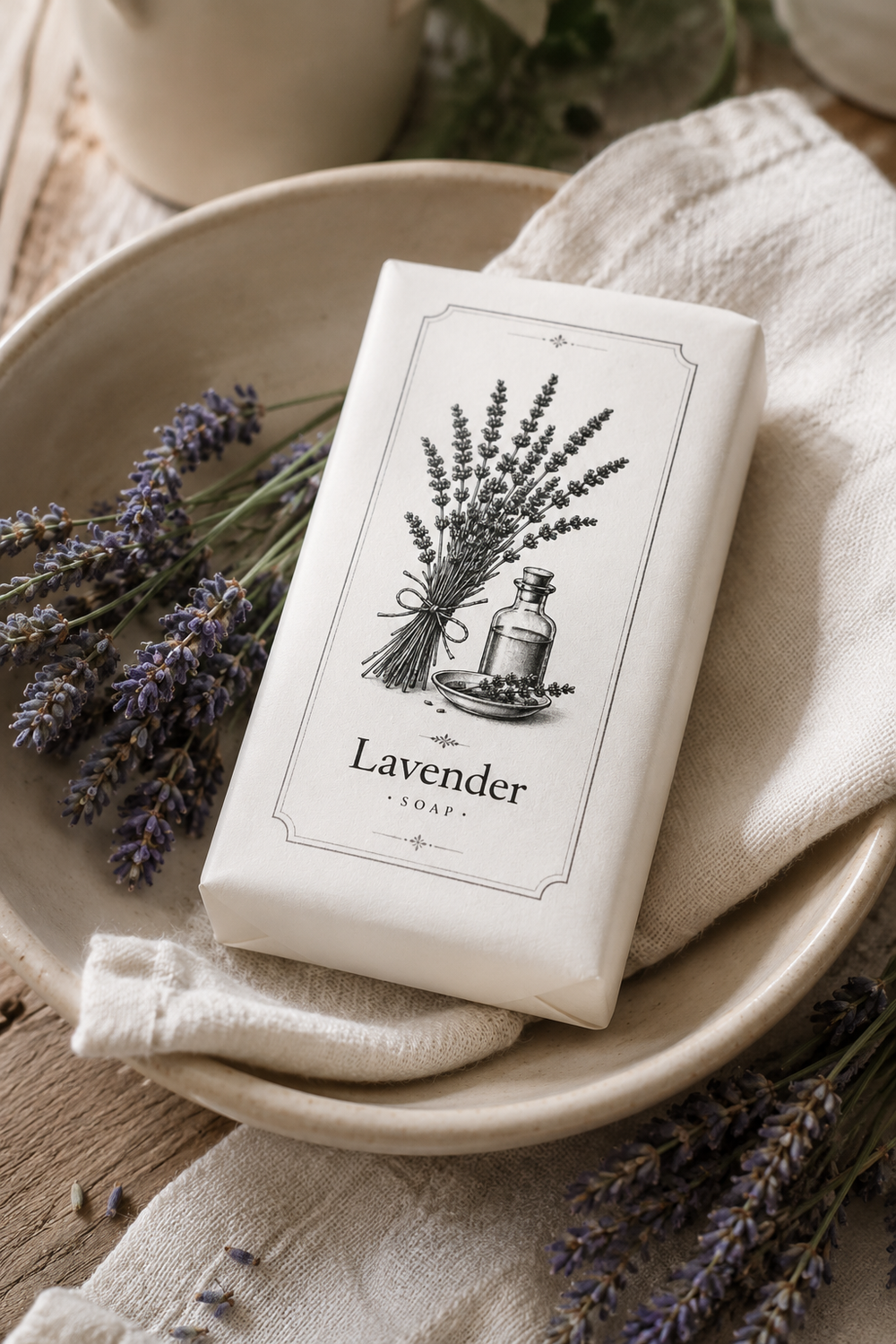 Natural style lavender soap bar paired with olive wood soap dish