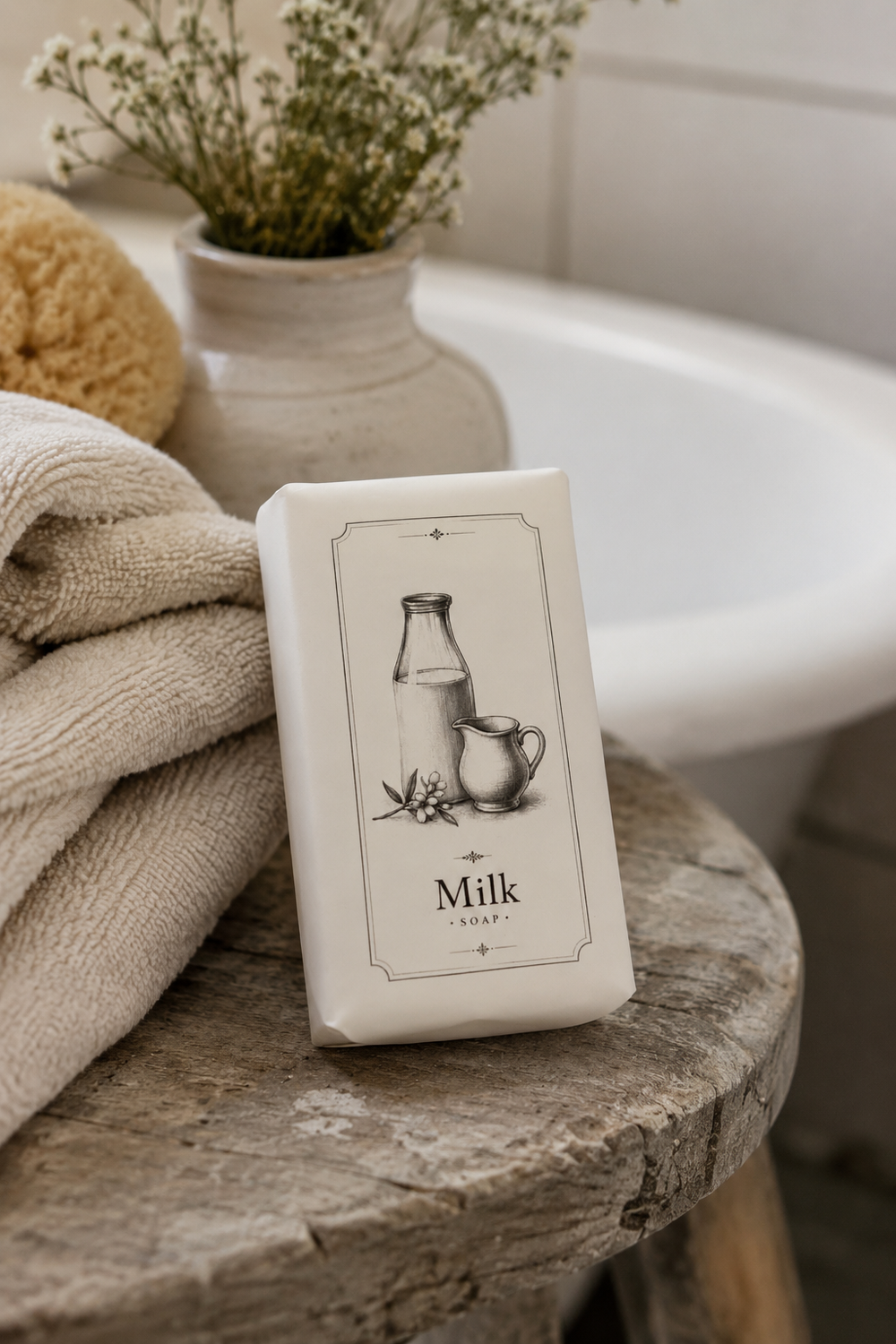 Natural style milk soap bar paired with olive wood soap dish