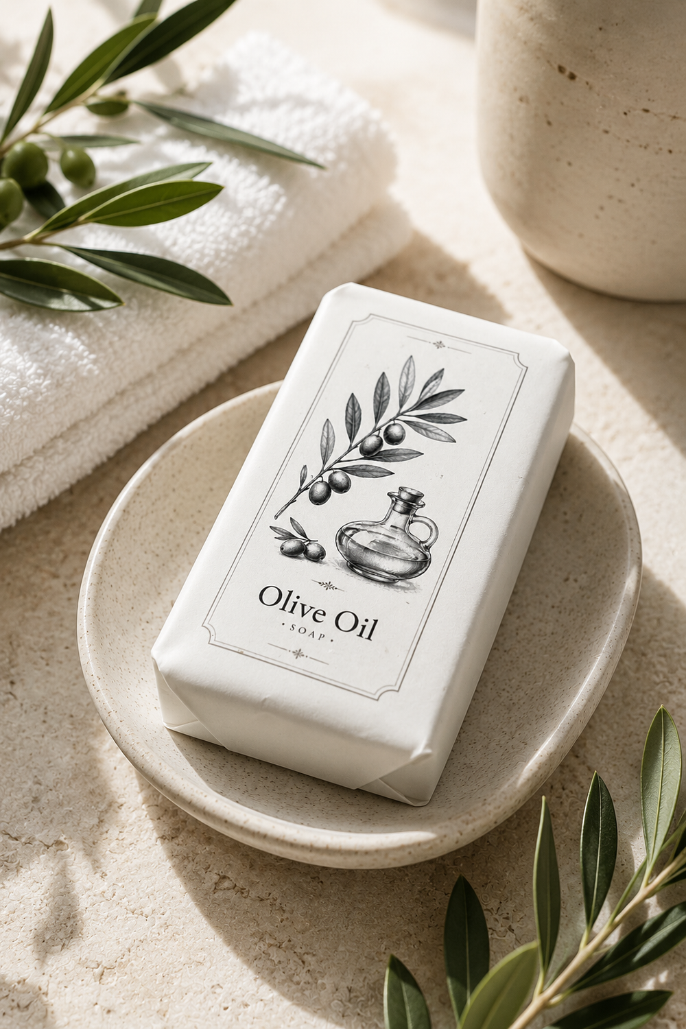 Natural style olive oil soap bar paired with olive wood soap dish