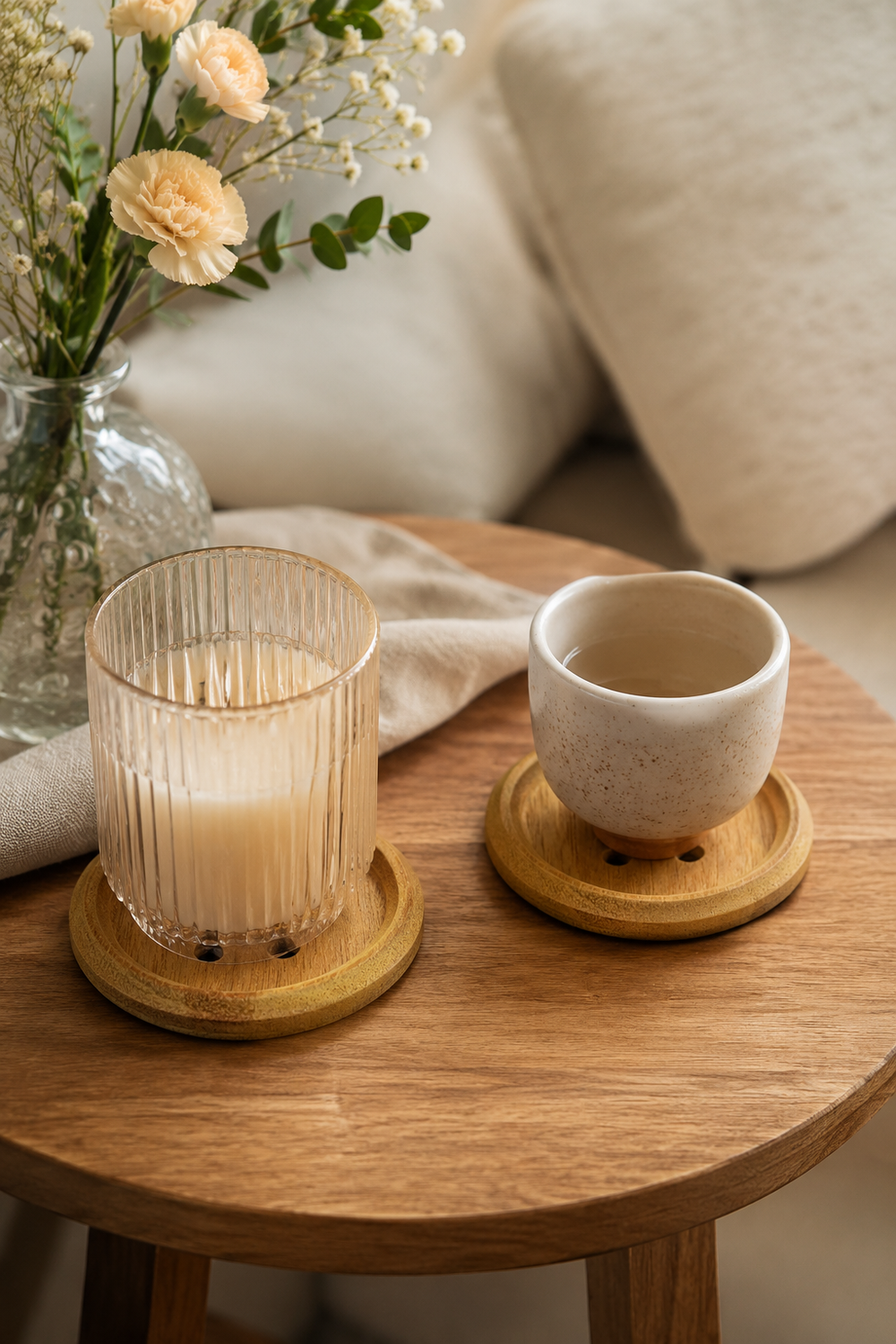 Natural wood button coasters for table setting