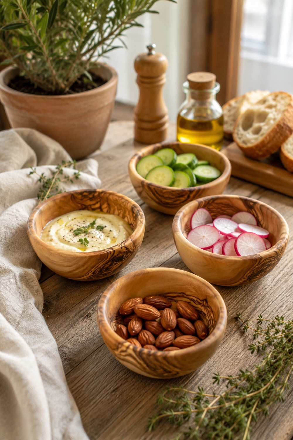 Natural wooden serving bowl made from olive wood