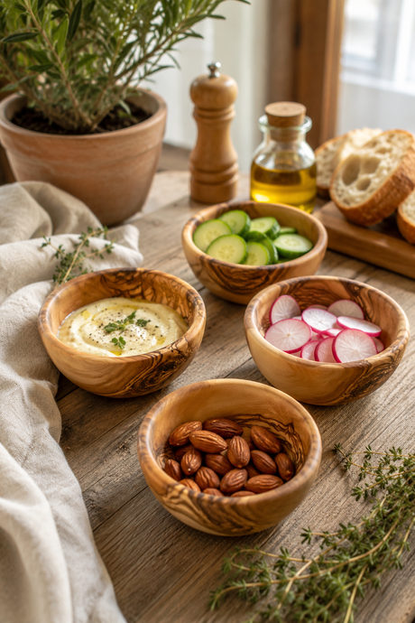 Natural wooden serving bowl made from olive wood