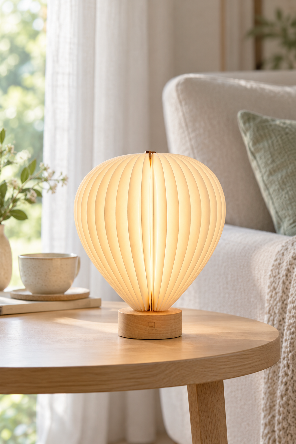 Aeris hot air balloon lamp with natural beech wood base on a round side table beside a linen armchair