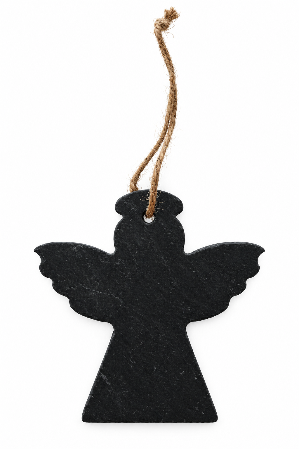 A black angel-shaped hanging ornament made of slate, suspended by a natural brown twine string on a plain white background.