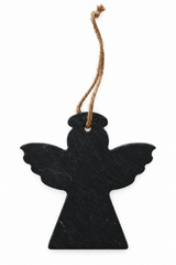 A black angel-shaped hanging ornament made of slate, suspended by a natural brown twine string on a plain white background.