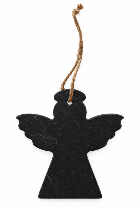 A black angel-shaped hanging ornament made of slate, suspended by a natural brown twine string on a plain white background.