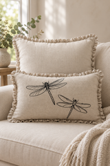 Dragonfly Linen Cushion Cover – Natural Ruffle Edge, 50 × 30cm