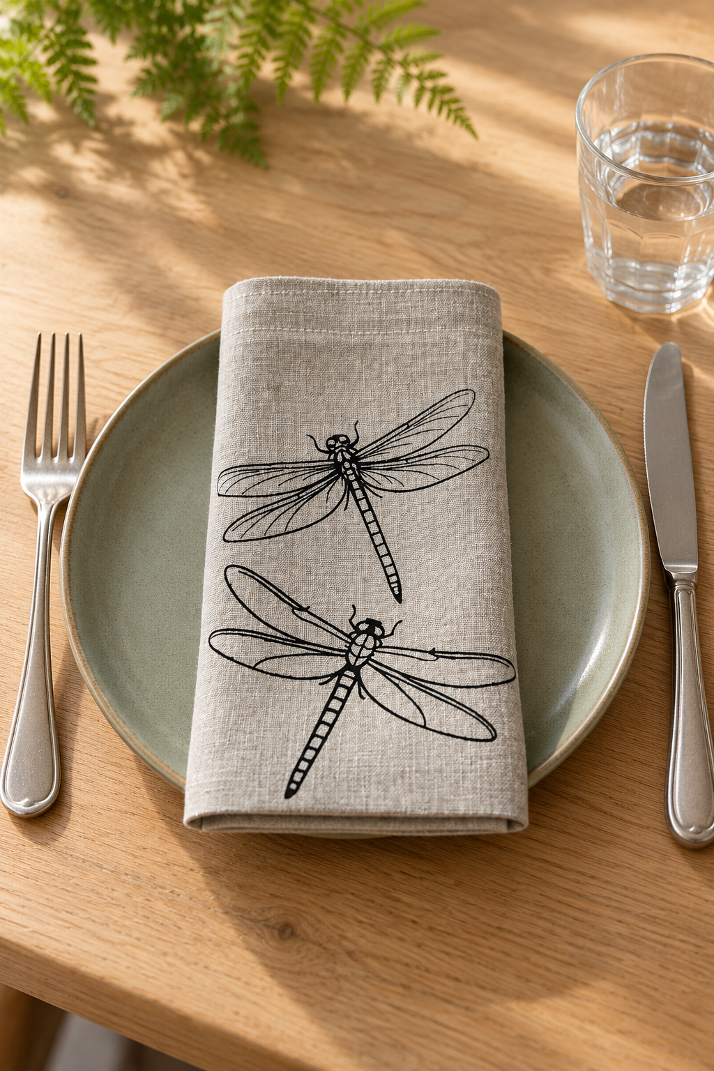 Black dragonfly linen napkin on a sage green plate, with a fork on the left and knife on the right.