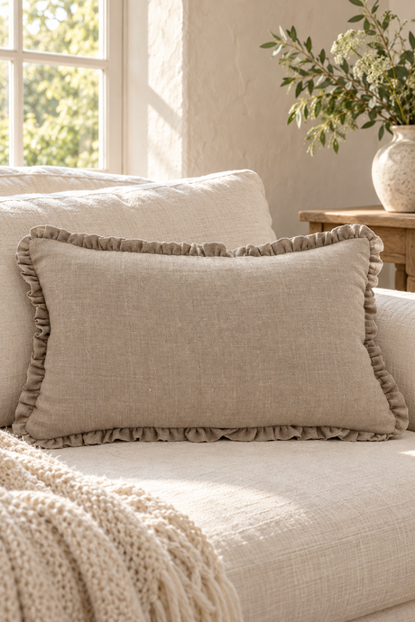 Natural Linen Cushion Cover – Small Frill, 50 × 30cm
