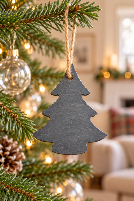 A dark gray slate Christmas tree silhouette ornament hanging from a jute string on a decorated Christmas tree branch, with a cozy living room in the background.