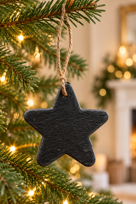 A black star-shaped slate Christmas ornament hanging from a natural jute twine string on a decorated Christmas tree branch, with a warm, blurred fireplace background.