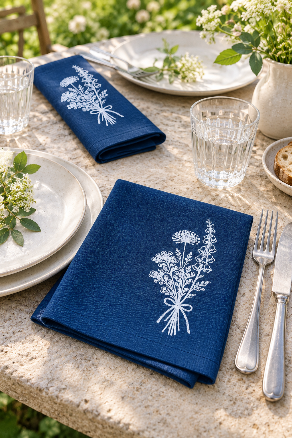 Navy floral linen napkins on a garden dining table with cream plates, clear glasses and white flowers.