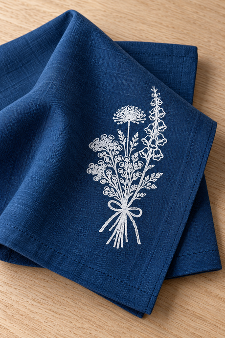 Navy linen napkin laid flat beside a folded matching napkin, showing the single white botanical print near one corner.