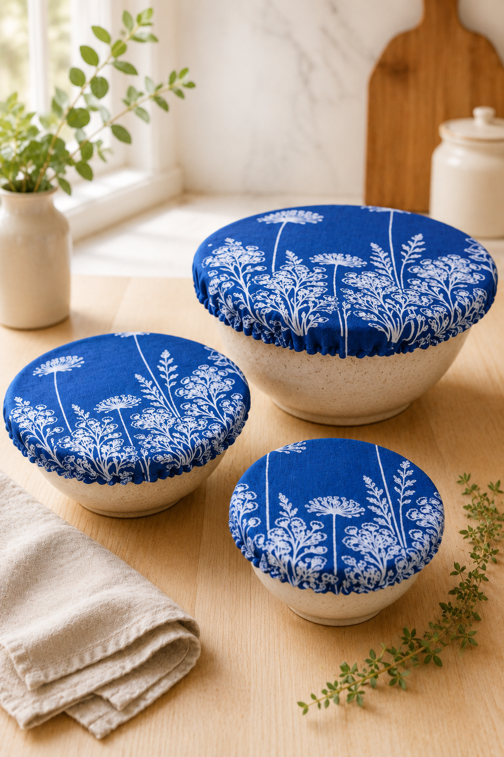 A set of three reusable Navy Florilegium linen bowl covers, hand printed in Derbyshire with a delicate white botanical design featuring agapanthus and foxglove flowers. Lined with ProCare® FoodSAFE waterproof fabric, they are ideal for covering leftovers, salads, fruit bowls, prep bowls and rising dough while reducing the need for cling film.