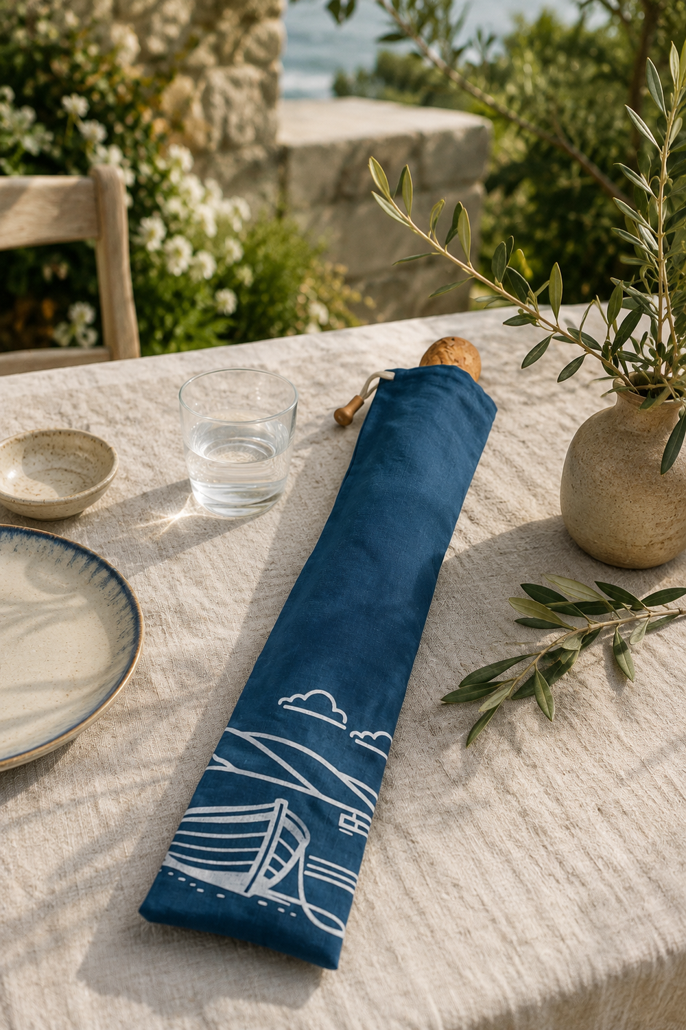 A reusable linen baguette bag in deep navy, hand printed with the Fjære coastal design in white. Made for carrying and storing French sticks, artisan baguettes and crusty bread without folding or squashing the loaf. Breathable, washable and plastic-free.