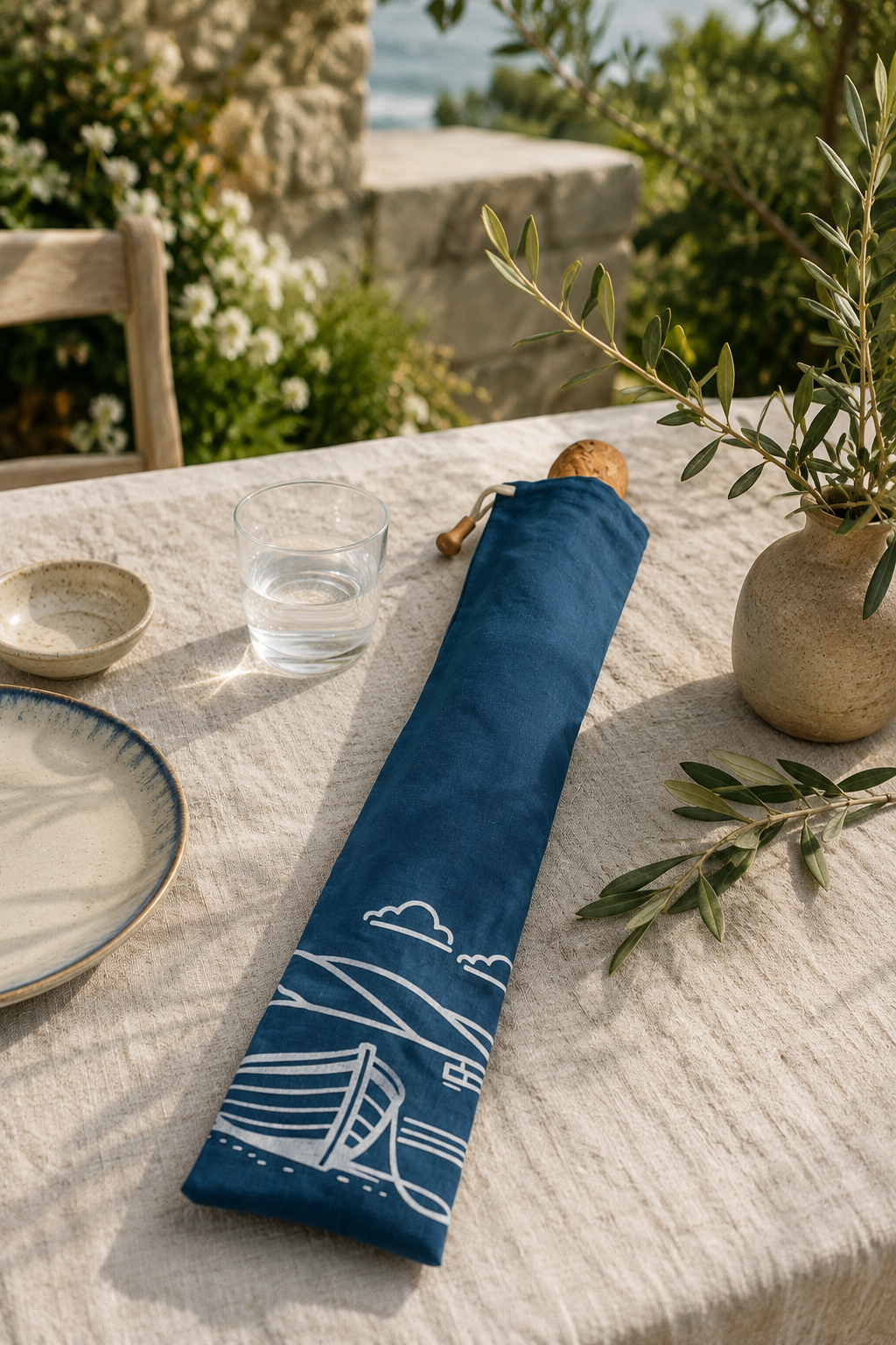 A reusable linen baguette bag in deep navy, hand printed with the Fjære coastal design in white. Made for carrying and storing French sticks, artisan baguettes and crusty bread without folding or squashing the loaf. Breathable, washable and plastic-free.