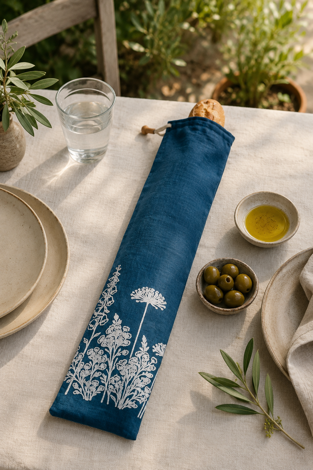 Navy linen baguette bag with white Florilegium floral print, hand printed in Derbyshire for storing French sticks and artisan baguettes.