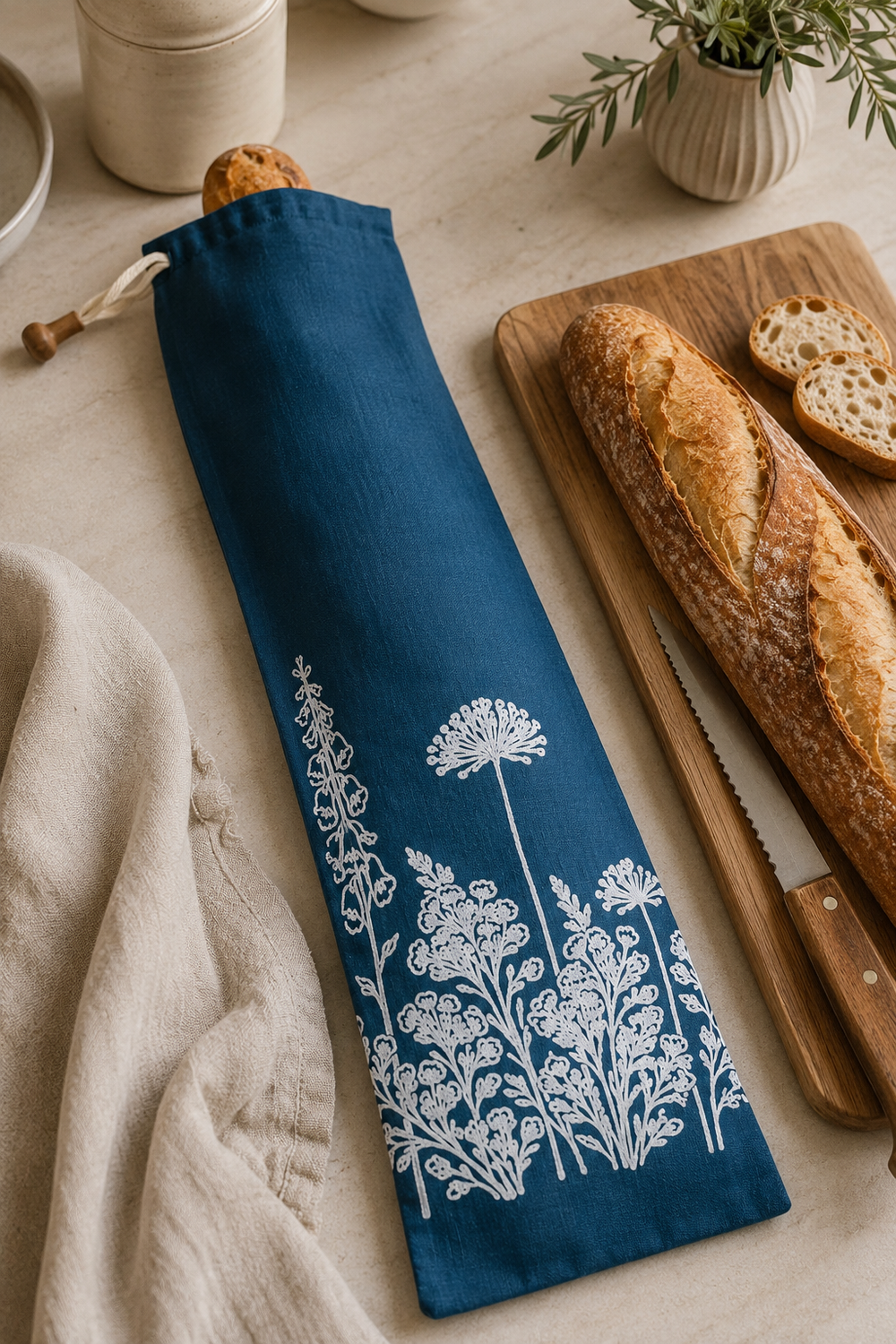 A reusable linen baguette bag in deep navy, hand printed with the Florilegium floral design in white. Made for carrying and storing French sticks, artisan baguettes and crusty bread without folding or squashing the loaf. Breathable, washable and plastic-free.