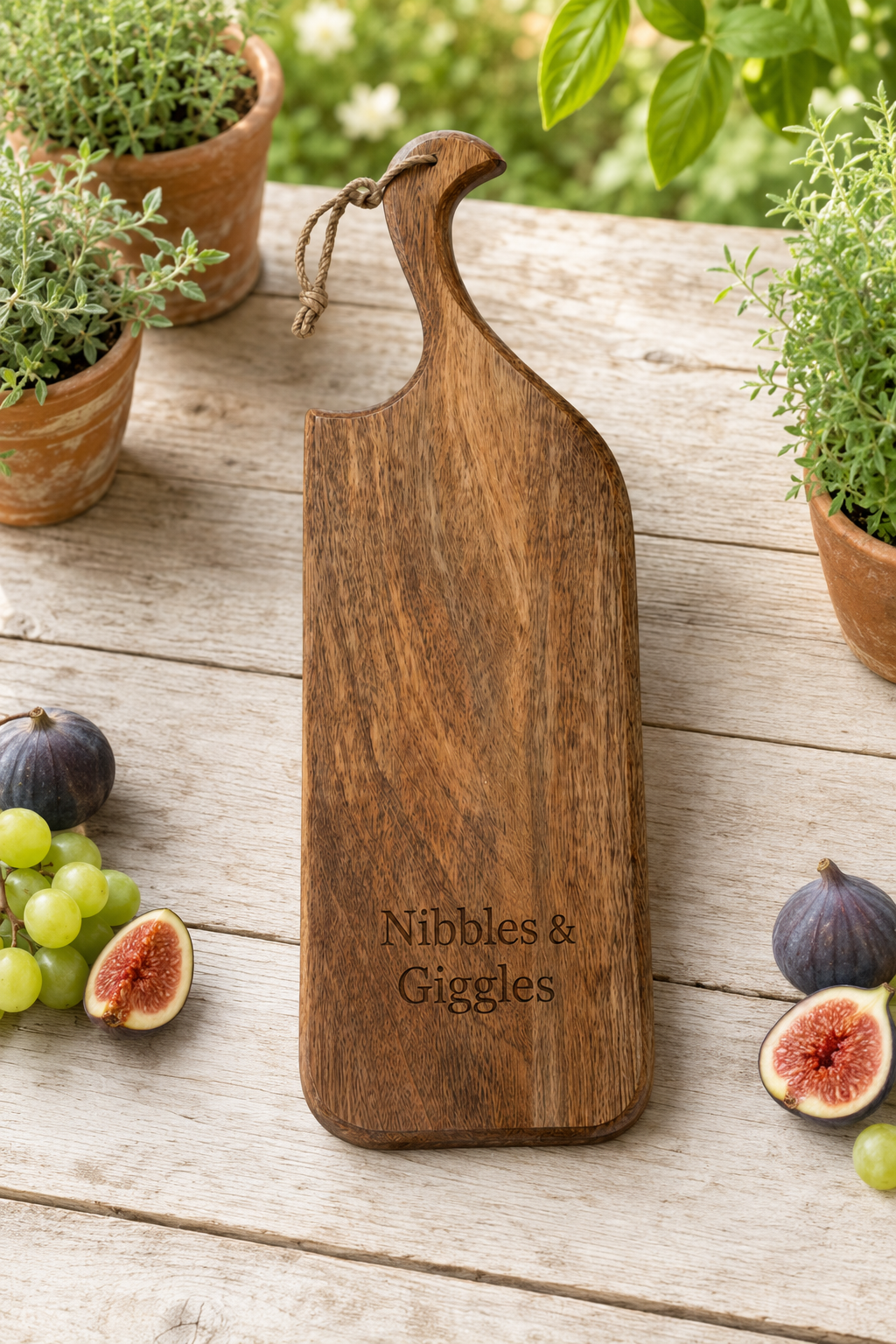 A wooden serving board with a carved handle and a hanging loop, engraved with the text 'Nibbles & Giggles'. The board is styled on a rustic wooden table with fresh figs, grapes, and potted herbs in the background.