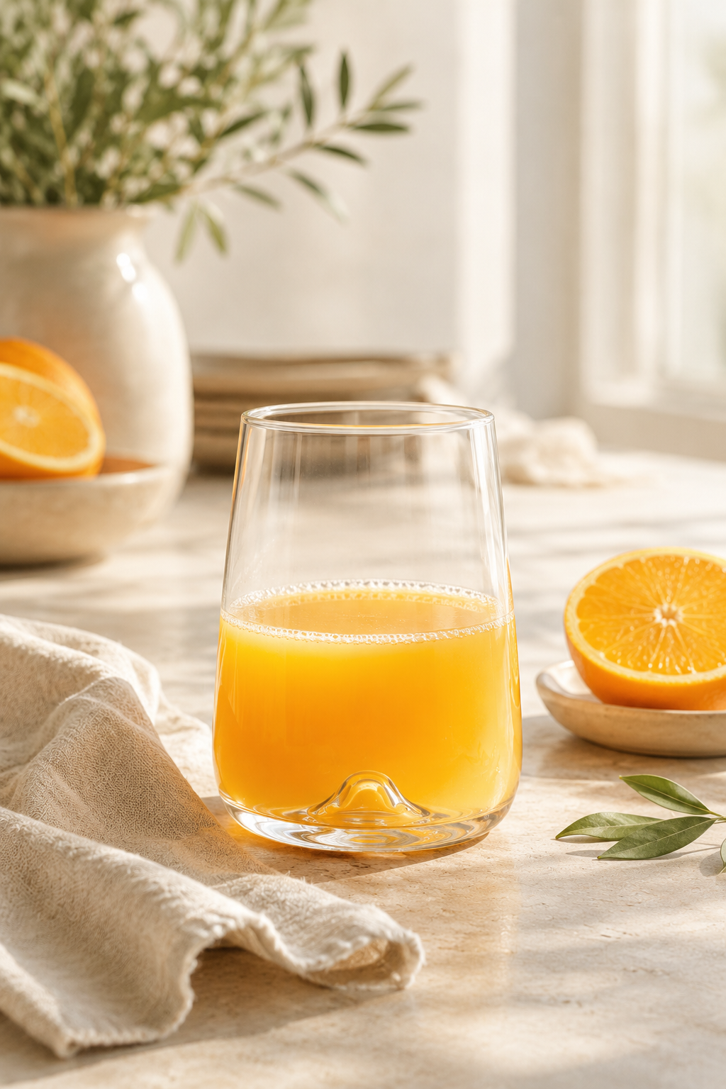 Glass of orange juice on a table with oranges and a plant in the background Nord 590ml wide highball glass with modern tapered shape
