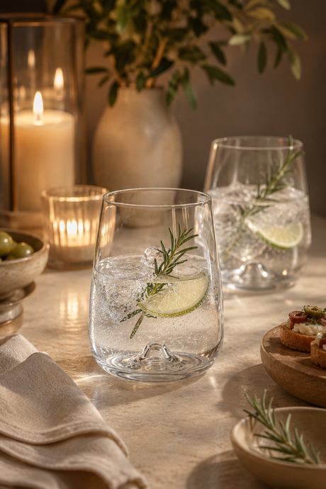 Nord 590ml wide highball glass with modern tapered shape with gin and tonic lime and rosemary.