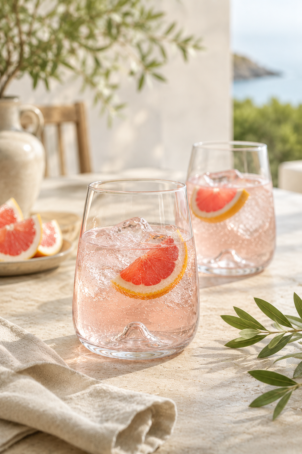 Two glasses of pink grapefruit cocktail on a table with outdoor scenery. Nord 590ml wide highball glass with modern tapered shape