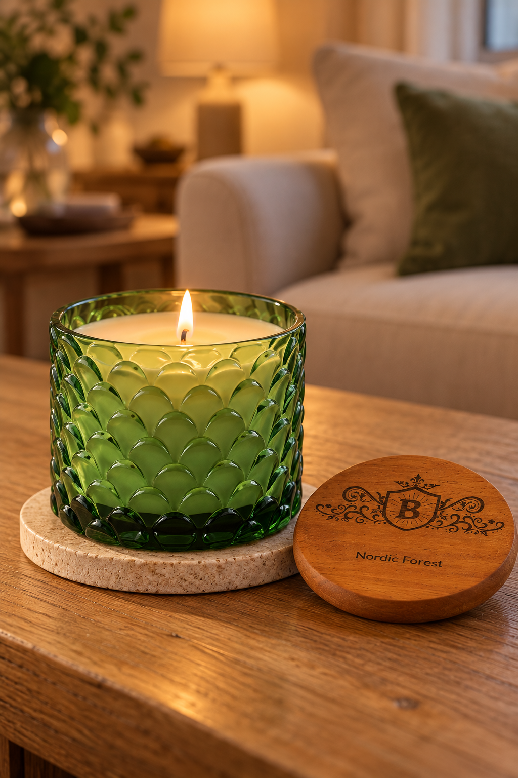 A green textured glass candle jar with a lit flame sits on a round stone coaster on a wooden table, with its engraved wooden lid placed beside it. The background shows a softly blurred living room interior with a sofa and lamp.