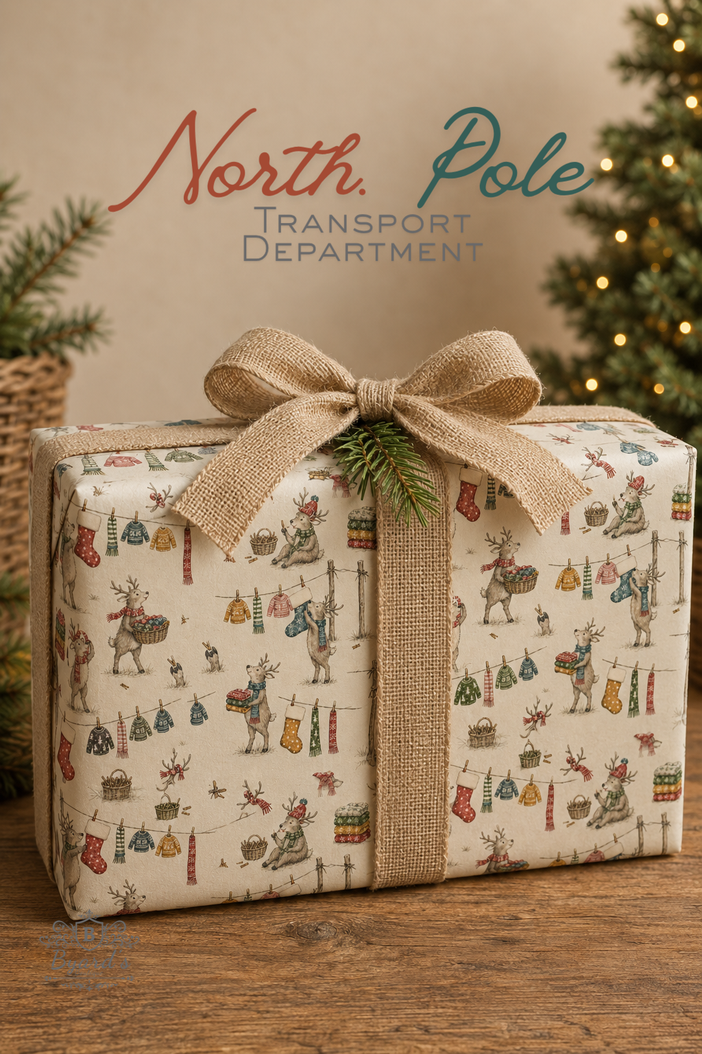 Reindeer Christmas wrapping paper showing North Pole reindeer hanging colourful jumpers, scarves and stockings on washing lines with baskets of festive laundry