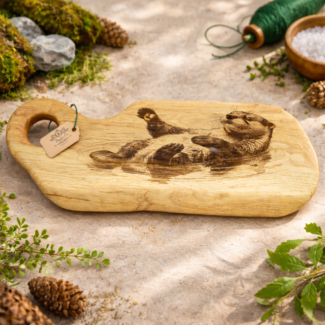 Wooden cutting board with engraved design of otter on a natural stone surface with greenery and pinecones.