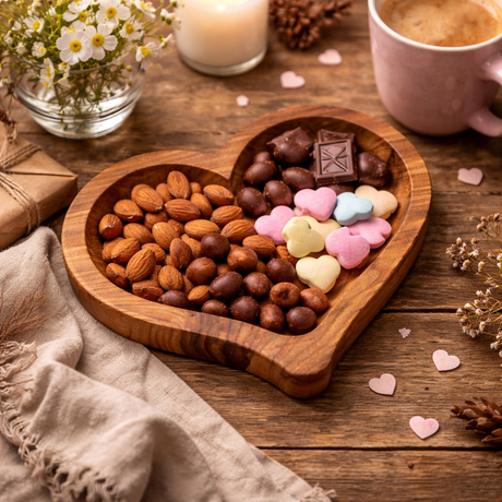Heart-shaped wooden bowl filled with almonds, chocolate bars, and candy hearts on a wooden table with a cup of coffee and flowers.