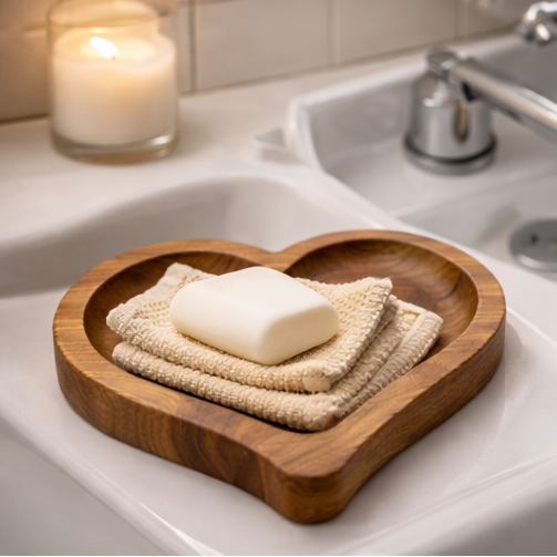 Collage of a wooden tray with bath products including soap, bottles, and sponges on a bathroom counter.