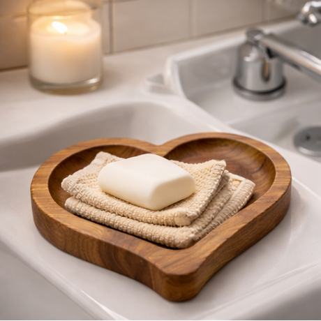 Collage of a wooden tray with bath products including soap, bottles, and sponges on a bathroom counter.