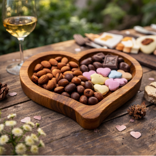 Heart-shaped wooden tray with assorted snacks on a wooden table.