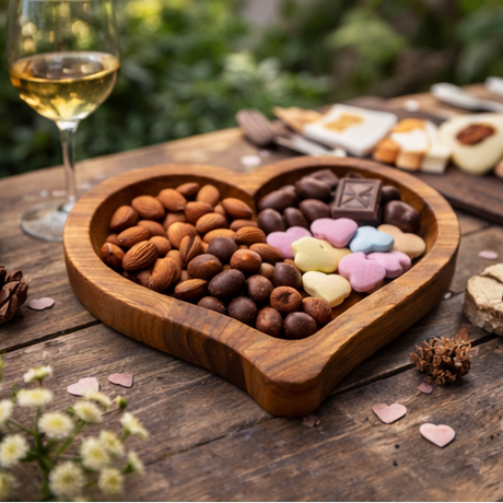 Heart-shaped wooden tray with assorted snacks on a wooden table.