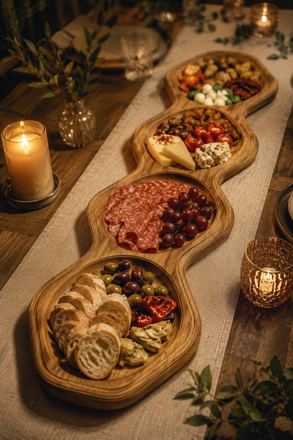 Oak antipasti table centre tray with four recessed compartments