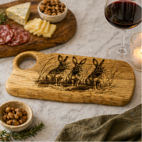 Oak charcuterie board with rabbit design on a table setting with food.