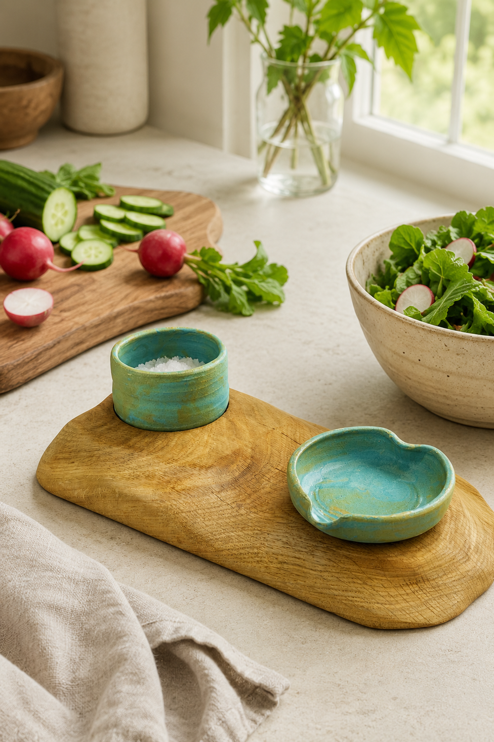 Oak seasoning station with salt pot and spoon rest