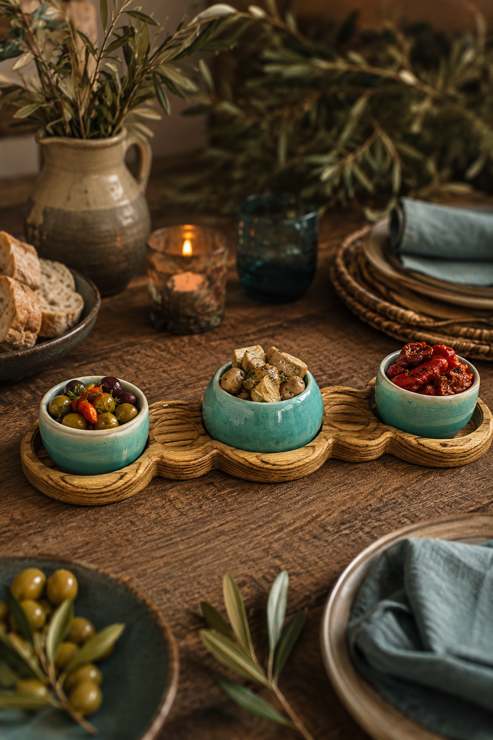 Oak table centrepiece serving board with three stoneware bowls