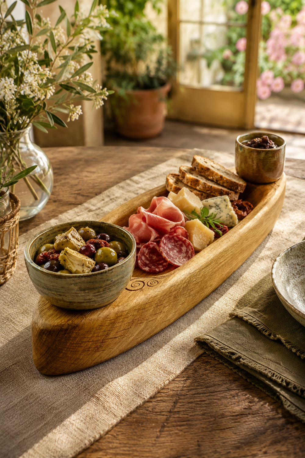 Oak tray with two ceramic pots for nibbles and condiments